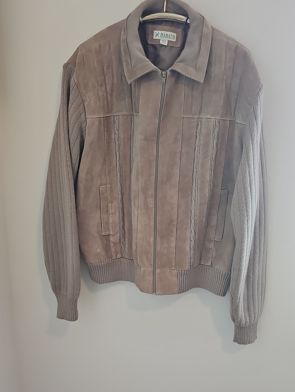 Haband Suede Knit Bomber Jacket Mens Size 3X Brown Vintage Mixed Media Lined Zip